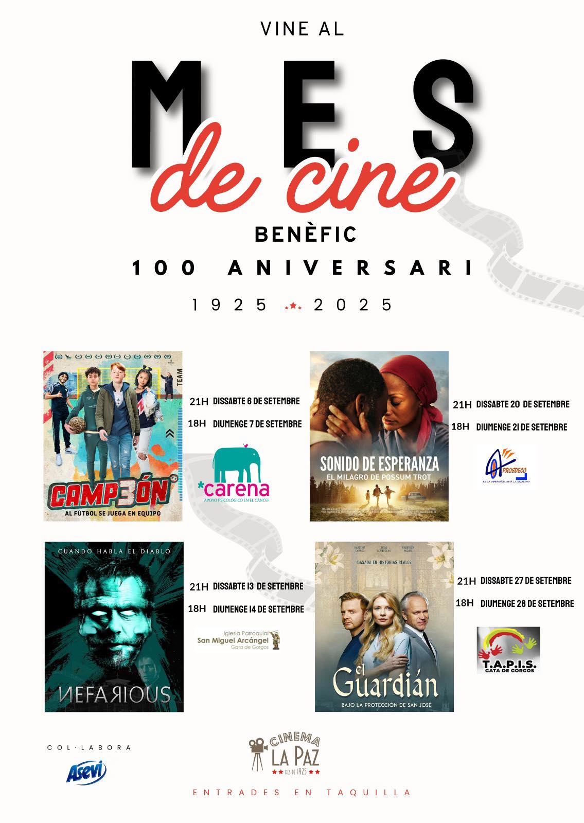 EL CINE BENÈFIC DE SETEMBRE OBRI HUI EL CENTENARI DEL CINE LA PAZ DE GATA (1925-2025) Quico “Sella”, El Ti Passetes, Paco Carrasco, Juan “el del cine”, germans Signes Grimalt. Cent anys de vivències