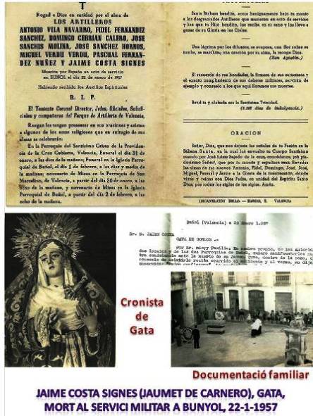 JAIME COSTA SIGNES (Jaumet de Carnero) (1934-1957): UNA VIDA TRUNCADA PER UN ACCIDENT A LA MILI (Capítol V, hui és laniversari de la seua mort)