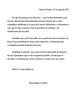 GATA, ELECCIONS 2015: ELS POPULARS GATA ENVIEN UNA CARTA A LA RESTA DE FORCES POLÍTIQUES DE GATA