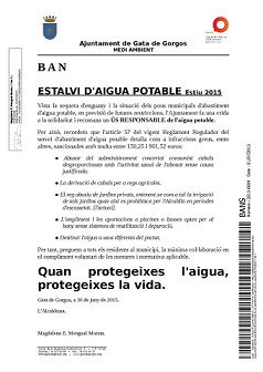L'AJUNTAMENT DE GATA FA UNA CRIDA SOLIDÀRIA PER A L'ESTALVI D'AIGUA POTABLE A L'ESTIU 2015