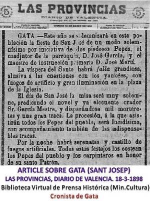 SANT JOSEP A GATA: FA 120 ANYS (1898) ELS FUSTERS I ELS PEPES VAN FER FALLA I PROCESSÓ. FA 40 ANYS NAIXQUÉ EL COR SERRILLÀS. FA 31 ANYS CAIGUÉ EL BADALL DUNA CAMPANA