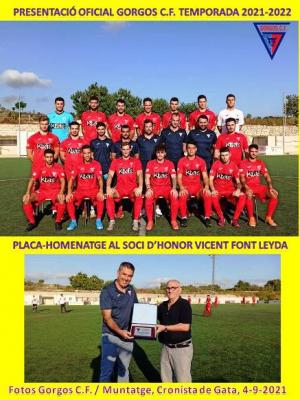 PRESENTACIÓ OFICIAL DEL GORGOS C.F. (TEMPORADA 2021-2022, GRUP 7). Placa al soci d'honor Vicent Font Leyda