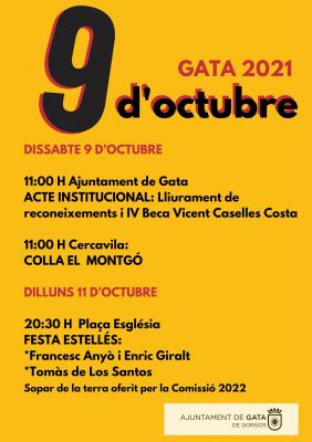 9 D'OCTUBRE A GATA: ACTE INSTITUCIONAL, BECA, MÚSICA, FESTA ESTELLÉS I SOPARI A MÉS, MERCAT DEL COMERÇ