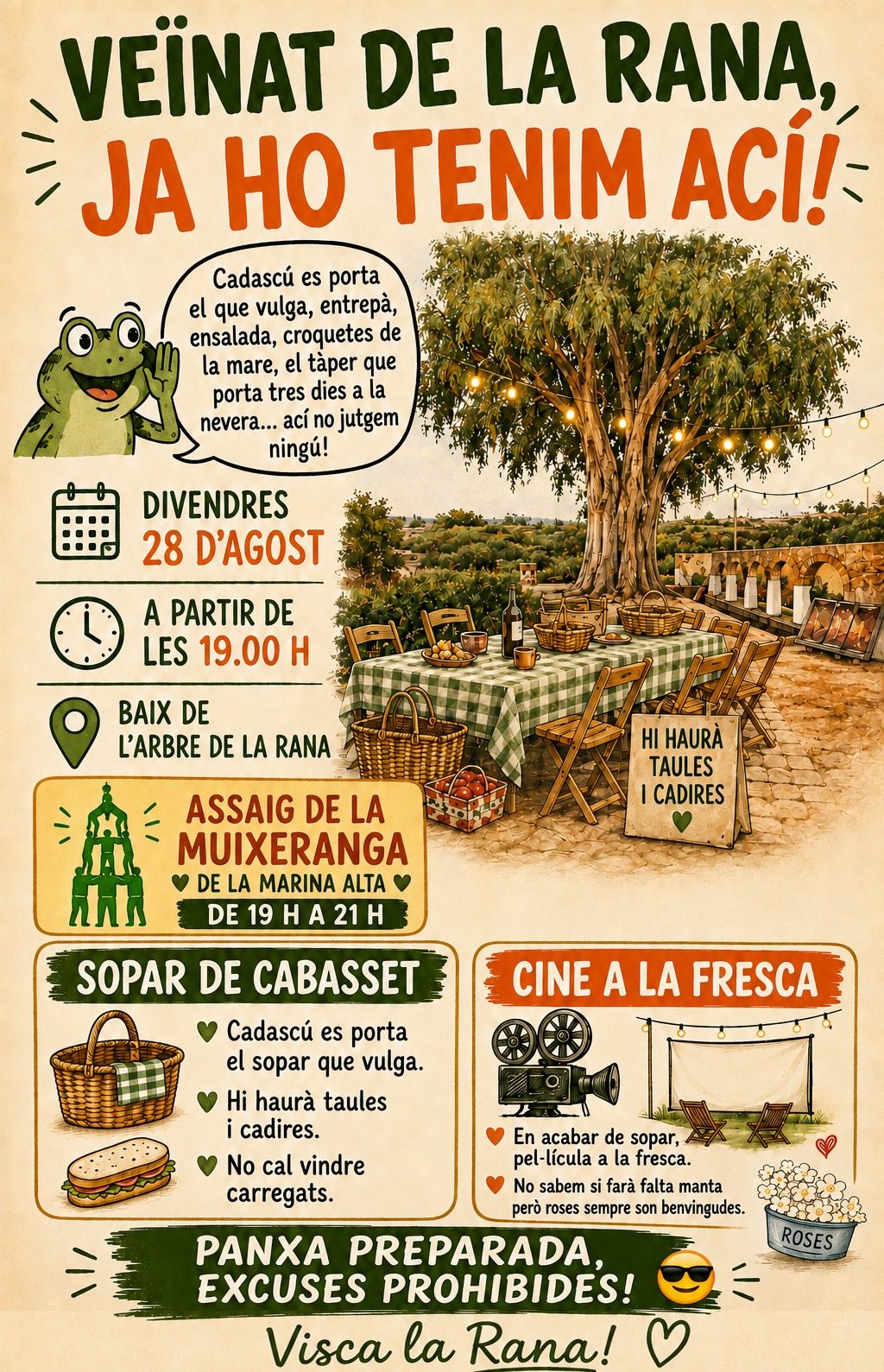 EL VEÏNAT DE LES CASETES AL VOLTANT DEL MONUMENTAL ARBRE I EL LLAVADOR DE LA RANA CELEBREN EL GRAN SOPAR DE COMIAT DE L'ESTIU. Assajarà la Muixeranga de la Marina Alta