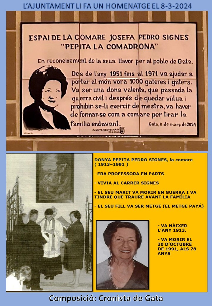 L'AJUNTAMENT HOMENATJA A NA PEPITA LA COMADRONA (JOSEFA PEDRO SIGNES), DESCOBRINT UNA PLACA. Tindrà un espai davant del centre social