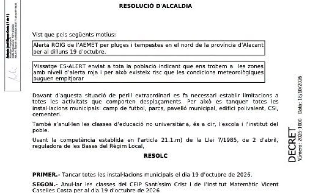 LA TORMENTA SUMA JA A GATA 141 LITRES EN 20 HORES. Alerta roja. Demà dilluns, suspeses les classes