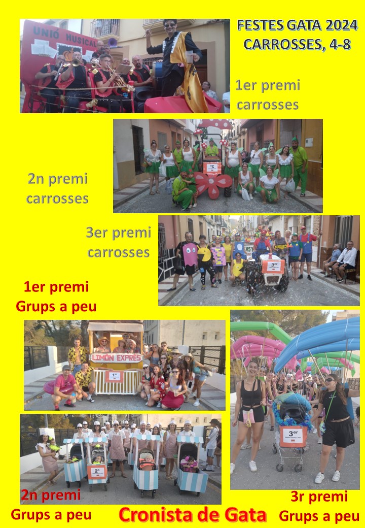 FESTES GATA 2024: COLORIT, MÚSICA, CARROSSES I MOLT DE GRUP A PEU. Primers premi: Carrossa de la Unió Musical i Grup a Peu el Limón Express