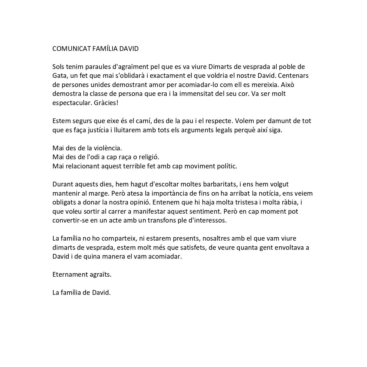 COMUNICAT DE LA FAMÍLIA DE DAVID; ACORDS DE LA JUNTA DE PORTAVEUS DE L'AJUNTAMENT DE GATA