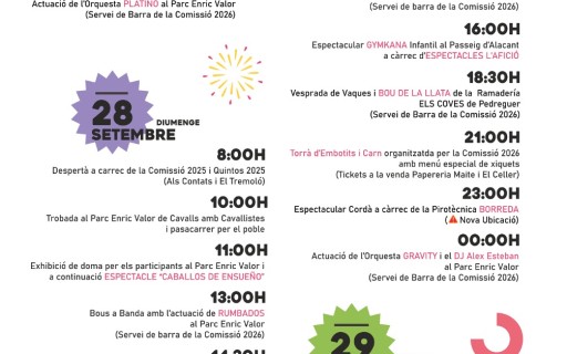 DEMÀ ARRIBEN LES FESTES DE SANT MIQUEL, PATRÓ TITULAR DE LA PARRÒQUIA. DILLUNS FESTA LOCAL: vaques, sopars, correfoc, espectacles, retalladors, cavalls, processó i castell