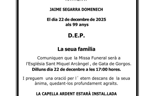 ENS HA DEIXAT L'HOME MÉS MAJOR DE GATA, JAIME SEGARRA DOMÉNECH. Ell i la dona formaven el matrimoni viu de més edat del poble