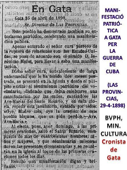 SABIEU QUE? per l'abril de 1898 Gata va fer una manifestació patriòtica per la guerra de Cuba (LP2)