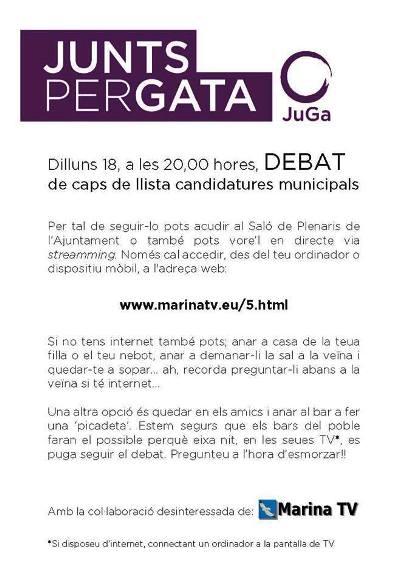GATA, ELECCIONS 2015: EL DEBAT DELS QUATRE CAPS DE LLISTA, DEMÀ DILLUNS A LES 20 HORES (saló de plens)