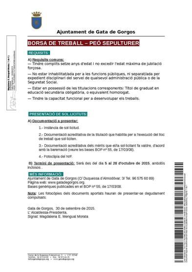 BORSA DE TREBALL PER A UNA PLAÇA DE PEÓ-SEPULTURER A GATA