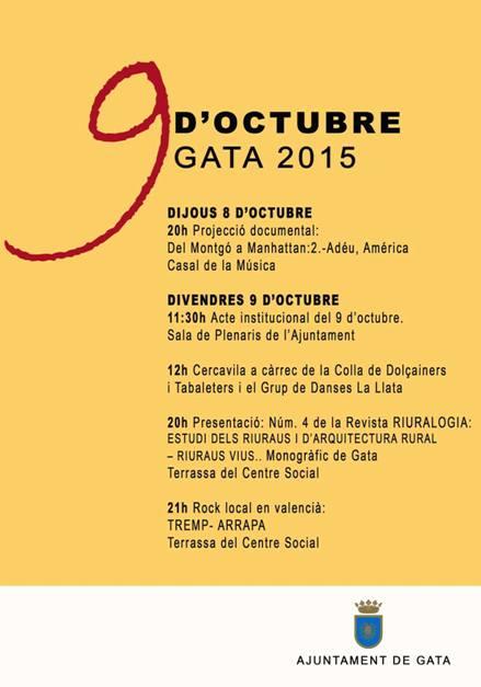 9 D'OCTUBRE A GATA: acte institucional, riuralogia, música i danses, rock local