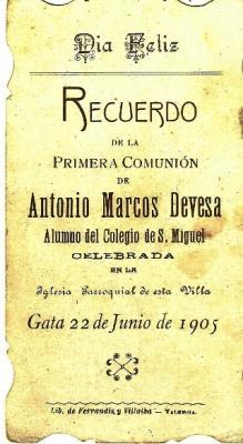 FOTOGRAFIES ANTIGUESI D'ABANS (Gata en el record) -1.876: UN RECORDATORI DE PRIMERA COMUNIÓ DE 1905