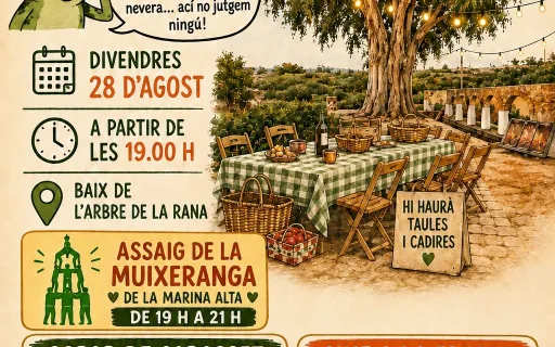 EL VEÏNAT DE LES CASETES AL VOLTANT DEL MONUMENTAL ARBRE I EL LLAVADOR DE LA RANA CELEBREN EL GRAN SOPAR DE COMIAT DE L'ESTIU. Assajarà la Muixeranga de la Marina Alta