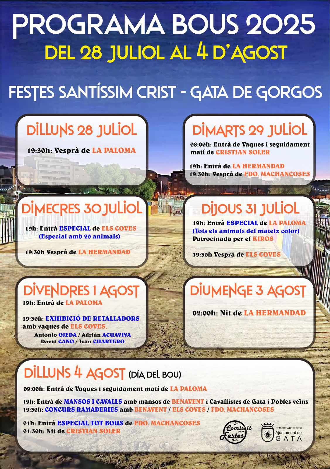 A COMISSIÓ I LA REGIDORIA DE FESTES DE GATA FAN PÚBLIC EL PROGRAMA FESTER DELS BOUS 2025 AMB ESPECTACLES NOVEDOSOS