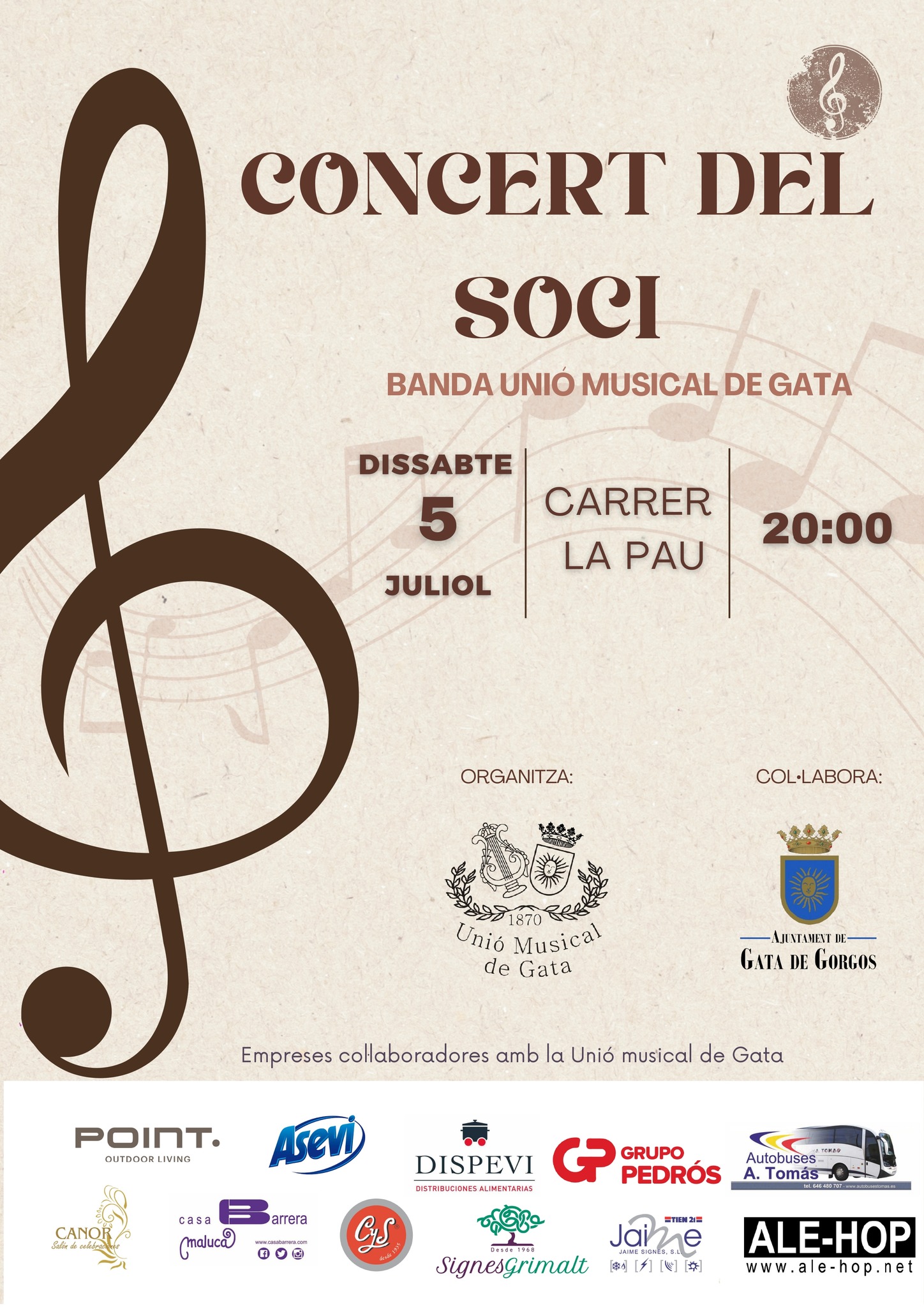 DEMÀ DIA 5, CONCERT DEL SOCI PER LA BANDA UNIÓ MUSICAL DE GATA